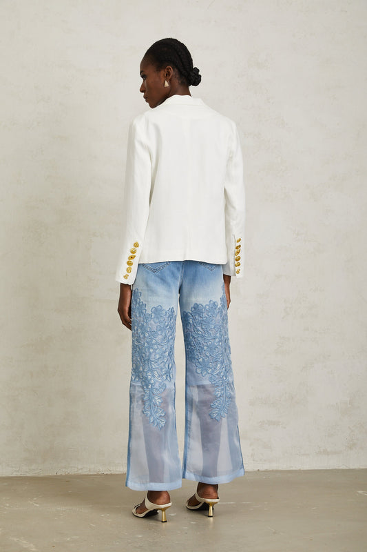 Donatienne White Brooch Detail Linen Blazer