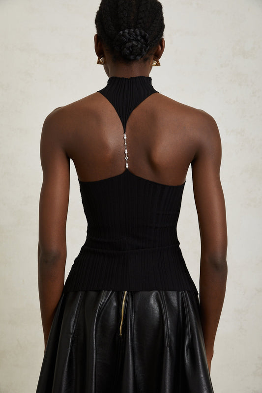 Gabrielle Black Halterneck Ribbed Knit Top