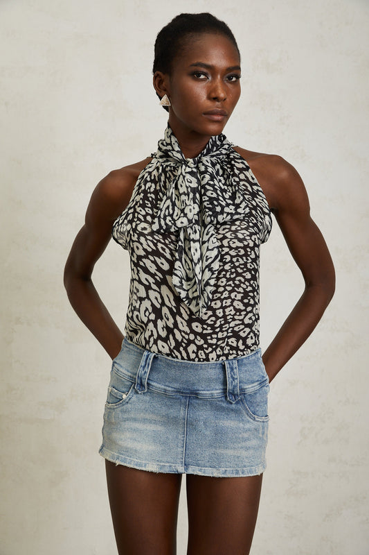 Bérénice Black Leopard Print Chiffon Top