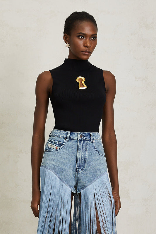 Ysandre Black Ribbed Knit Keyhole Tank Top