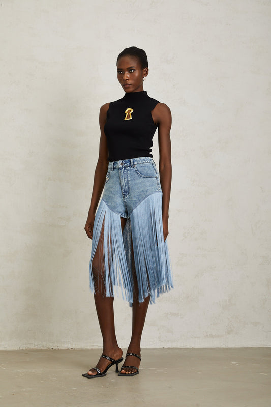 Martina Blue Fringed Panel Denim Shorts