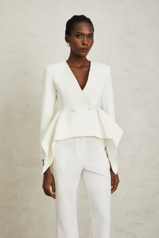 Luisa White Peplum Ruffled Waist Jacket & Trousers Set