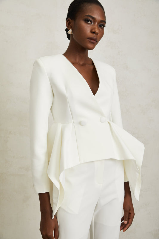 Luisa White Peplum Ruffled Waist Jacket & Trousers Set
