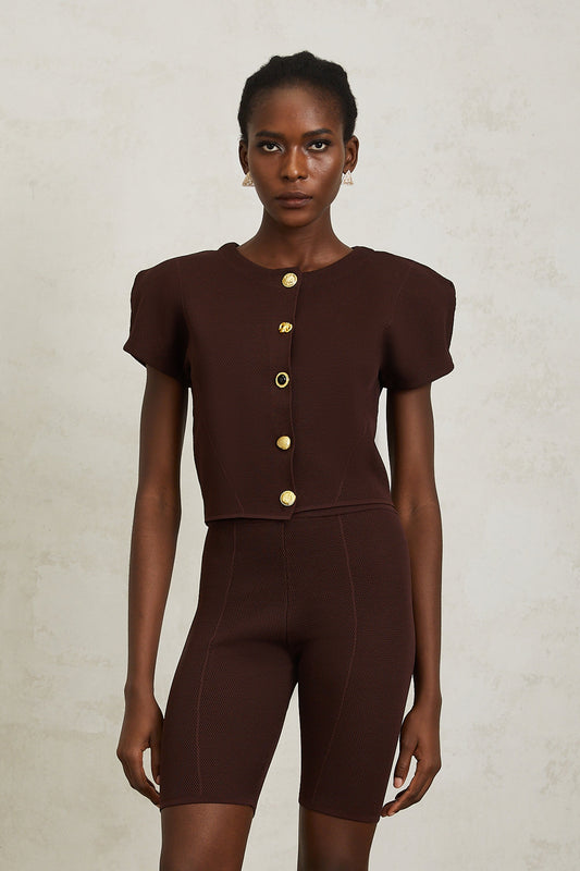 Hélène Brown Textured Knit Top & Shorts Set