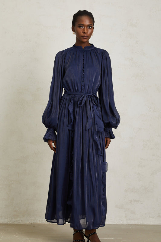 Nanette Dark Blue Glossy Pleated Maxi Dress