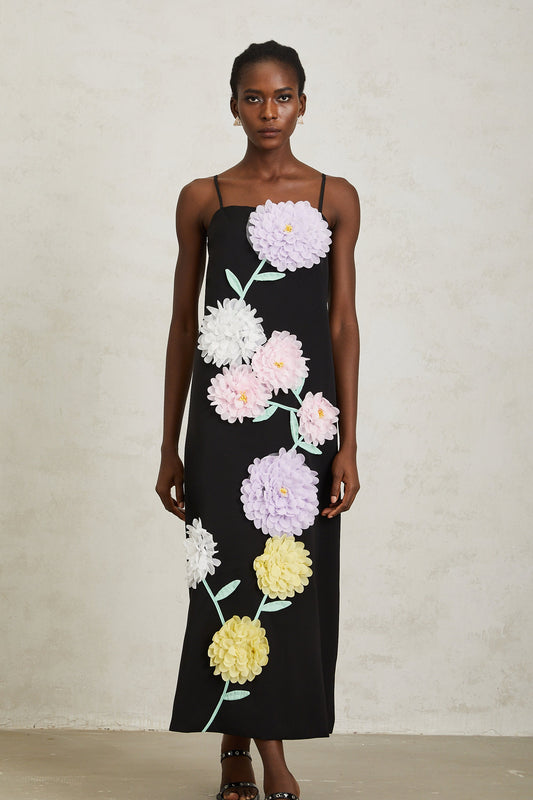 Véronique Black 3D Petal Sleeveless Midi Dress
