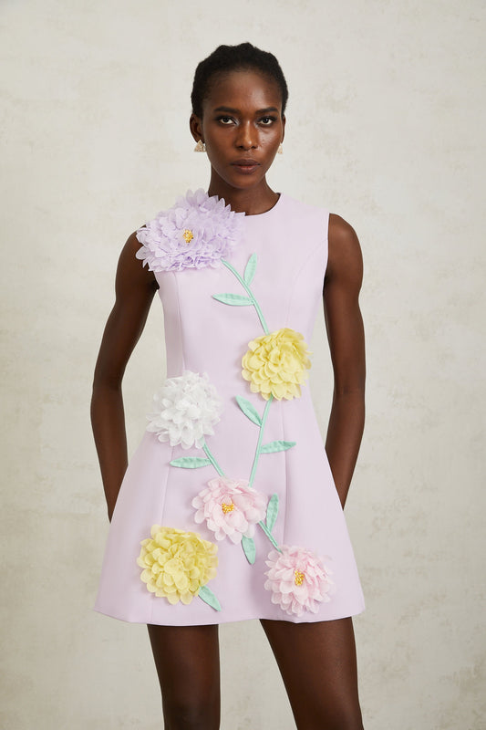 Véronique Purple 3D Petal Sleeveless Mini Dress