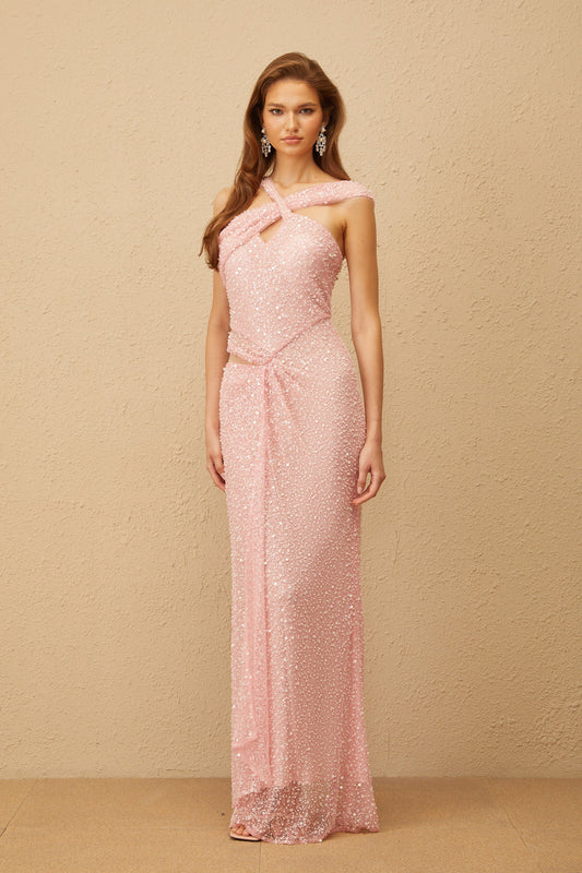 Cendrine Pink Sequined Gathered Corset Maxi Dress