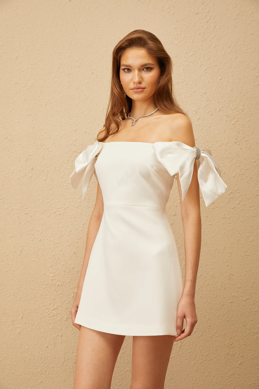 Sirkka White Off Shoulder Bowknot Mini Dress