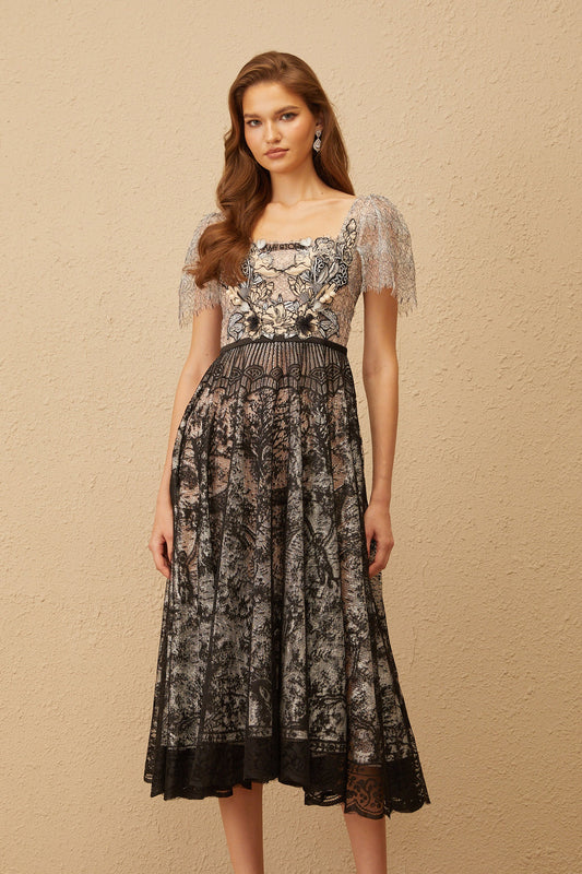 Océane Black Floral Embroidered Lace Midi Dress