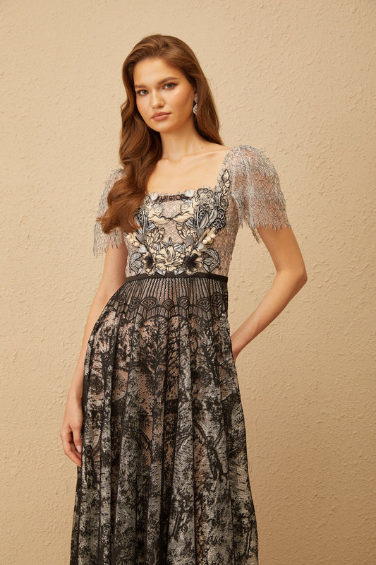 Océane Black Floral Embroidered Lace Midi Dress
