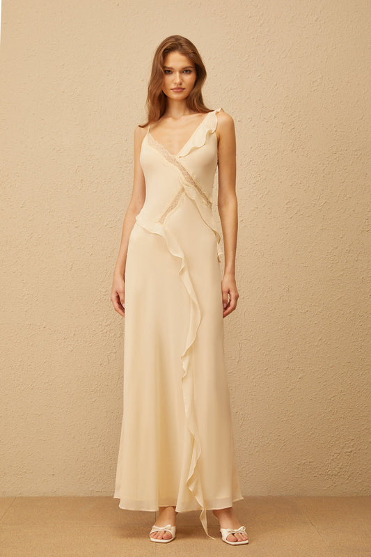 Mathilde Neutral Aysmmetrical Ruffled Trim Maxi Dress