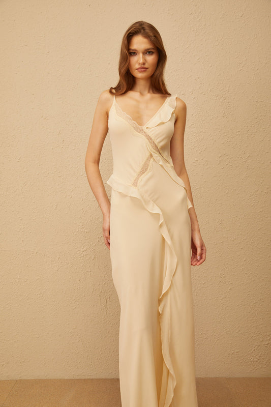 Mathilde Neutral Aysmmetrical Ruffled Trim Maxi Dress