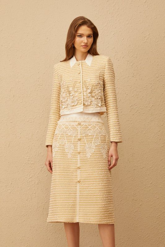 Catalina Neutral Floral Jacquard Tweed Jacket & Skirt Set