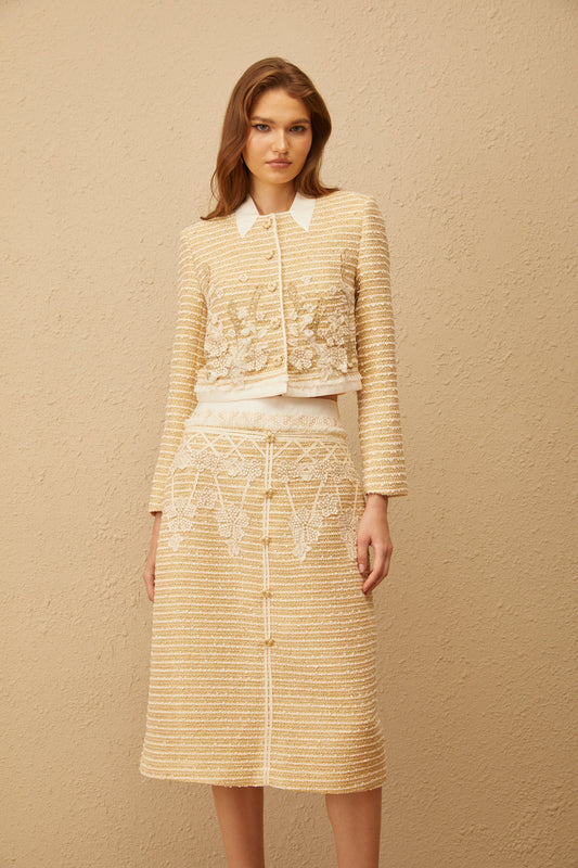 Catalina Neutral Floral Jacquard Tweed Jacket & Skirt Set