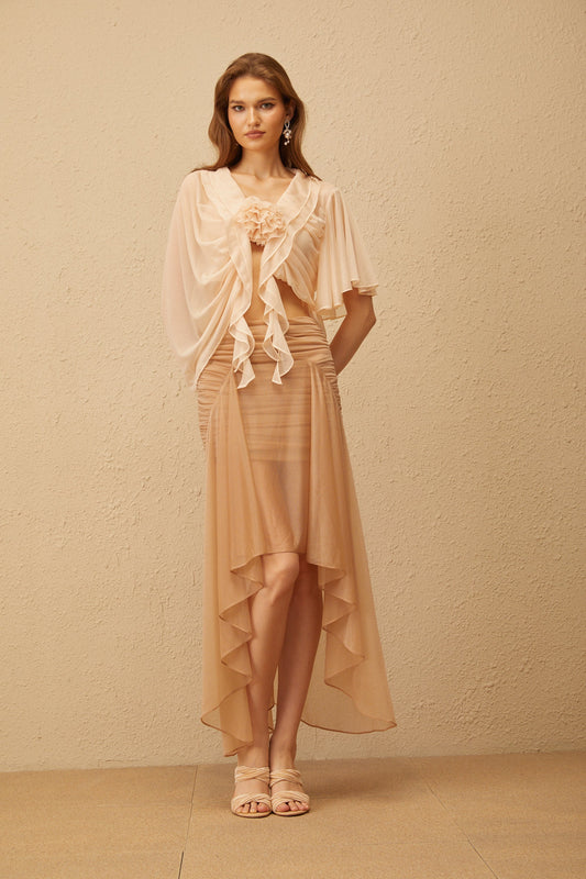 Zélie Neutral Ruched Ruffled Hem Midi Skirt