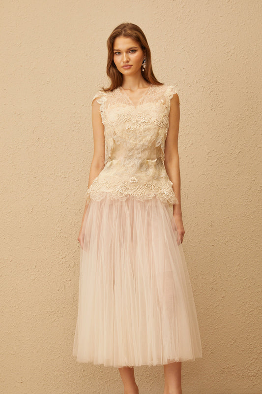 Marin Neutral Crochet Floral Tulle Top & Skirt Set