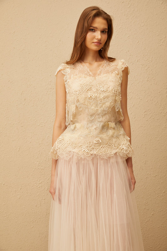 Marin Neutral Crochet Floral Tulle Top & Skirt Set