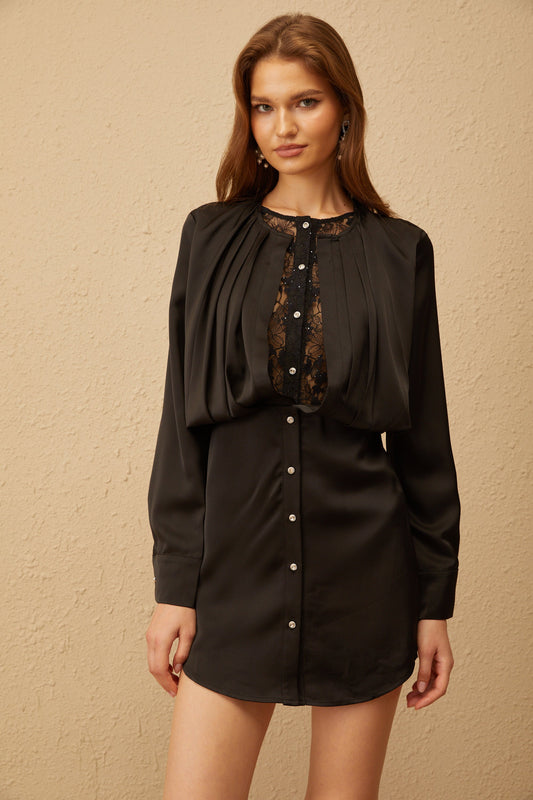 Prune Black Sequin Lace Panel Mini Dress