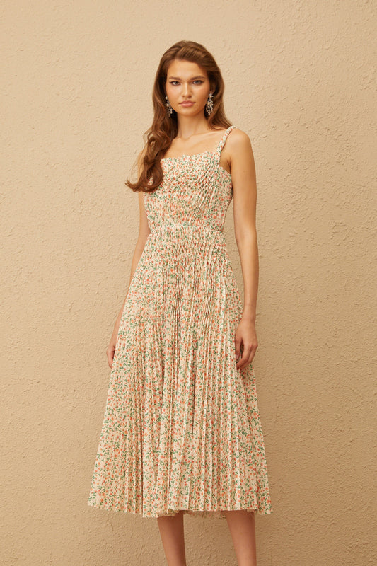 Marion Neutral Floral Print Pleated Midi Dress
