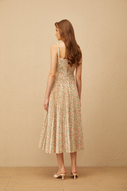 Marion Neutral Floral Print Pleated Midi Dress
