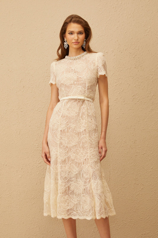Félicie White Embellished Floral Lace Midi Dress