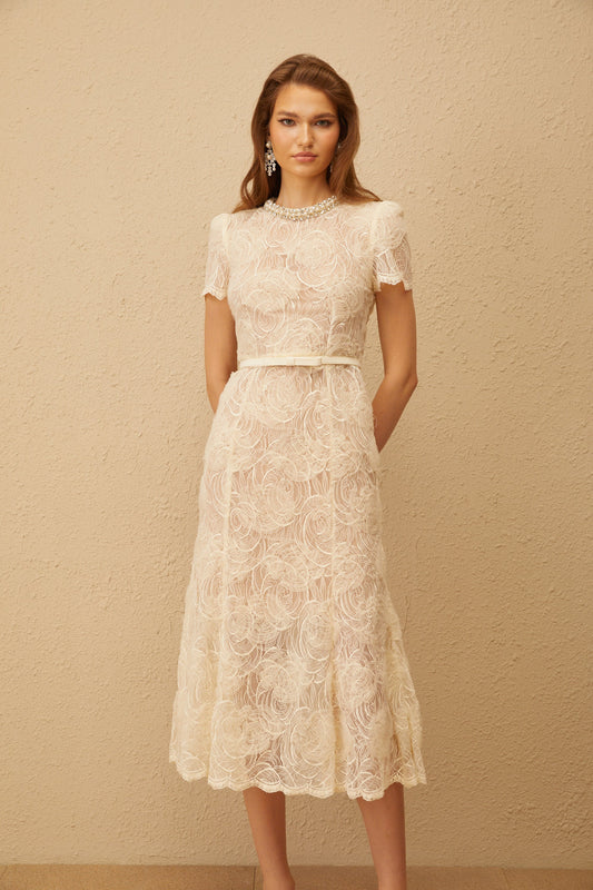 Félicie White Embellished Floral Lace Midi Dress