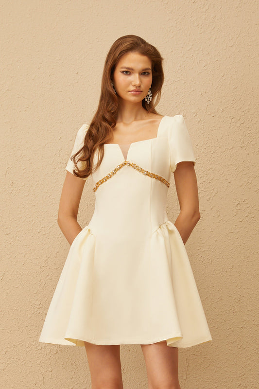 Anaïs Neutral Embellished Puff Mini Dress