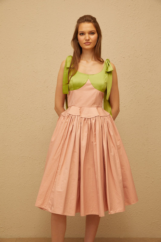 Abrielle Pink Satin Bowknot Strap Midi Dress