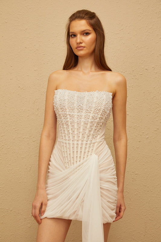 Alíz White Faux Pearl Mesh Mini Dress