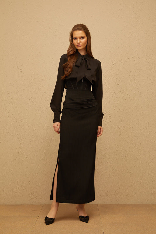 Eléonore Black Ruched Maxi Skirt