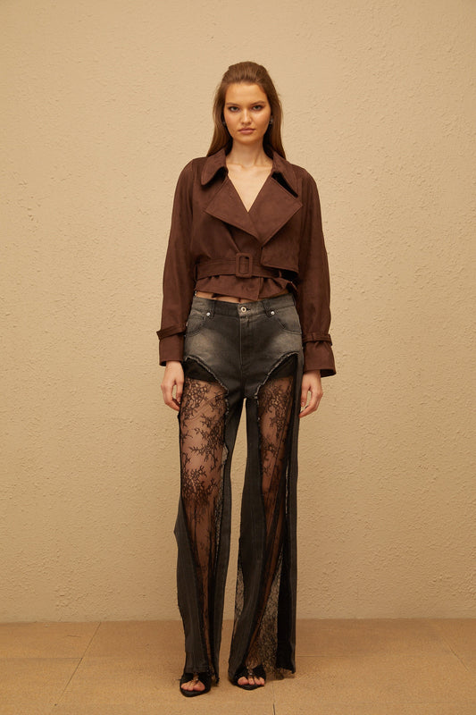 Esperanza Brown Belted Suede Short Biker Jacket