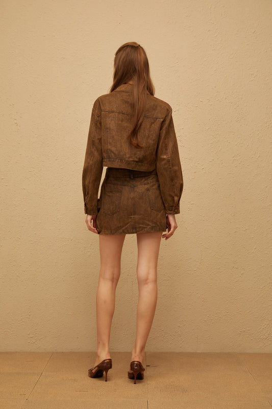 Raphaëlle Brown Suede Texture Denim Jacket & Skirt Set