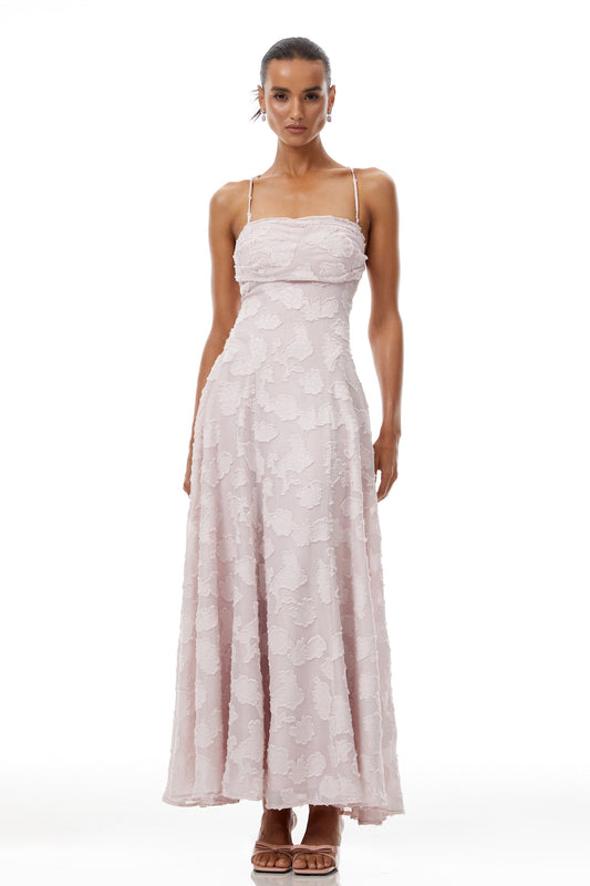 Célestine Pink Frayed Floral Embroidered Maxi Dress