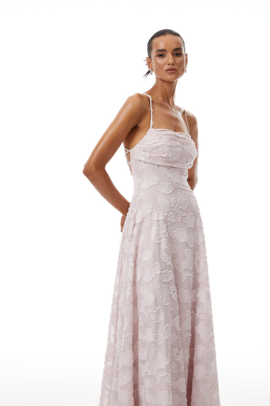 Célestine Pink Frayed Floral Embroidered Maxi Dress