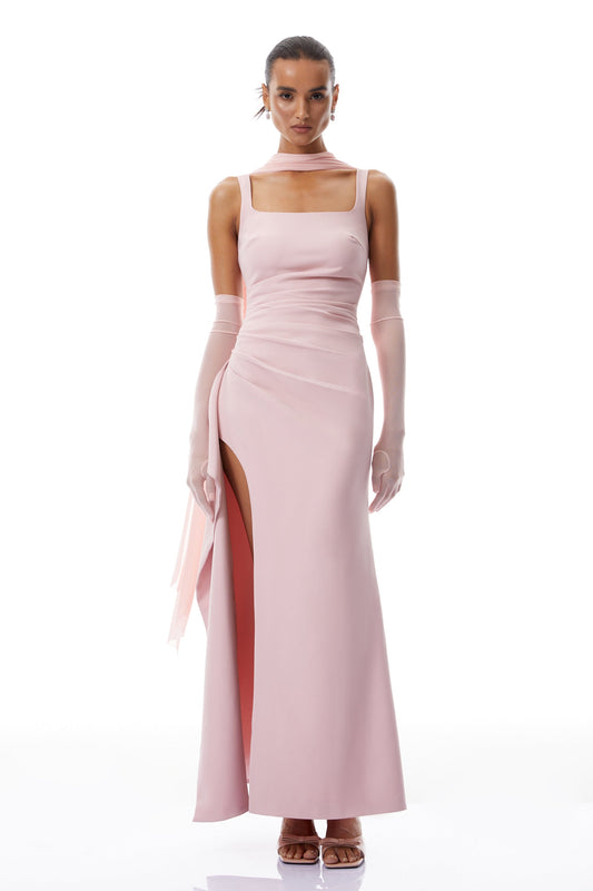 Ophélie Pink Scarf Detail Gathered Maxi Dress