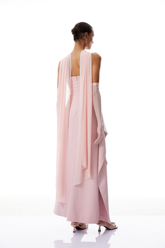 Ophélie Pink Scarf Detail Gathered Maxi Dress