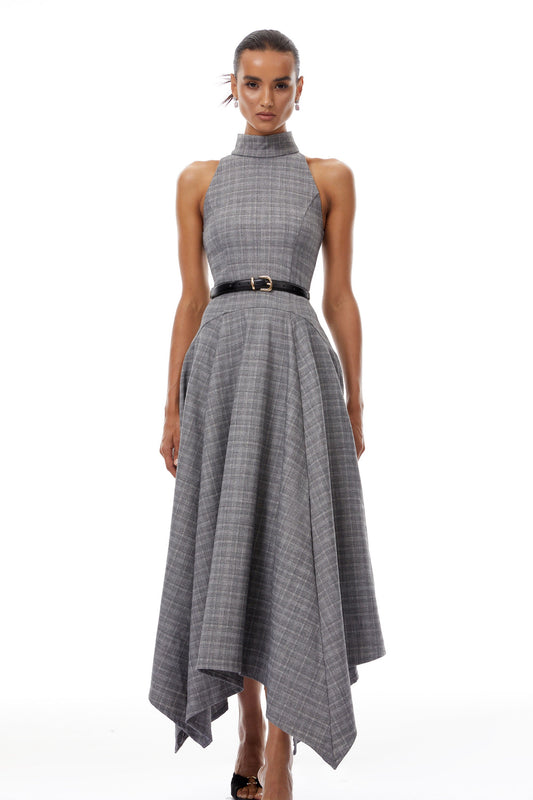 Wilhemine Grey Checked Tweed Midi Dress (Without Belt)