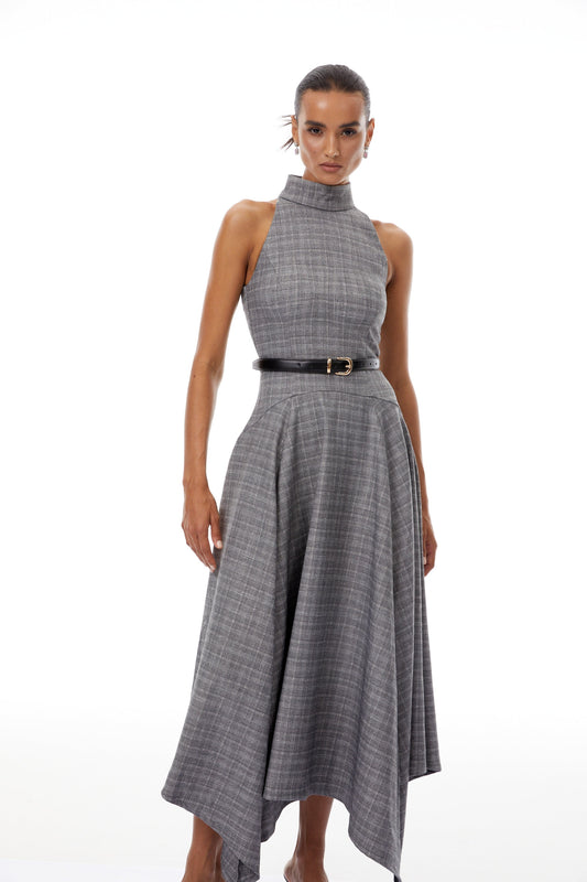 Wilhemine Grey Checked Tweed Midi Dress (Without Belt)