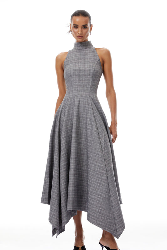 Wilhemine Grey Checked Tweed Maxi Dress (Without Belt)