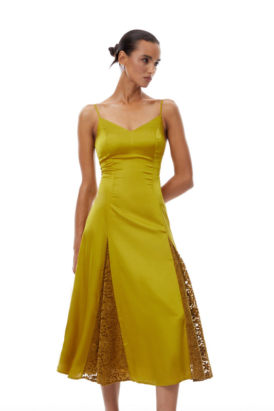 Louise Green Flocked Lace Satin Midi Dress