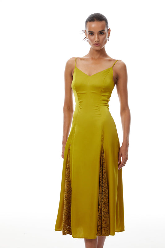 Louise Green Flocked Lace Satin Midi Dress