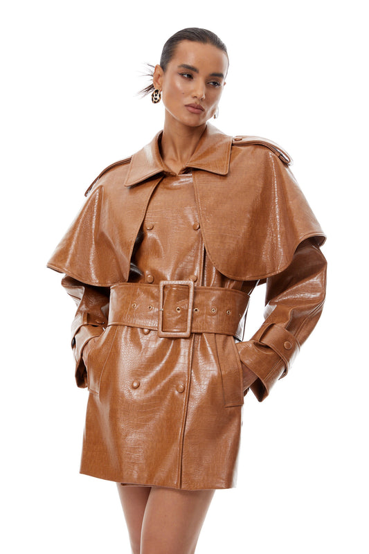 Lisette Caramel Textured Leather Trench Coat