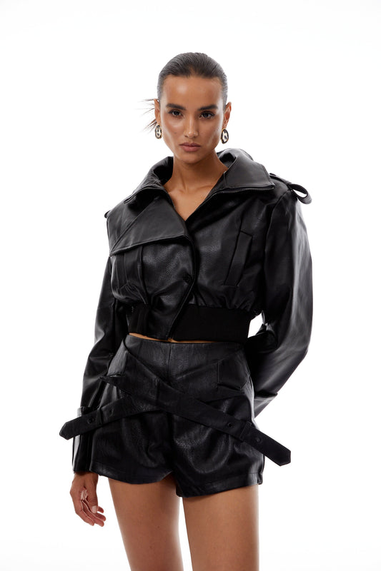 Manon Black Leather Jacket & Shorts Set