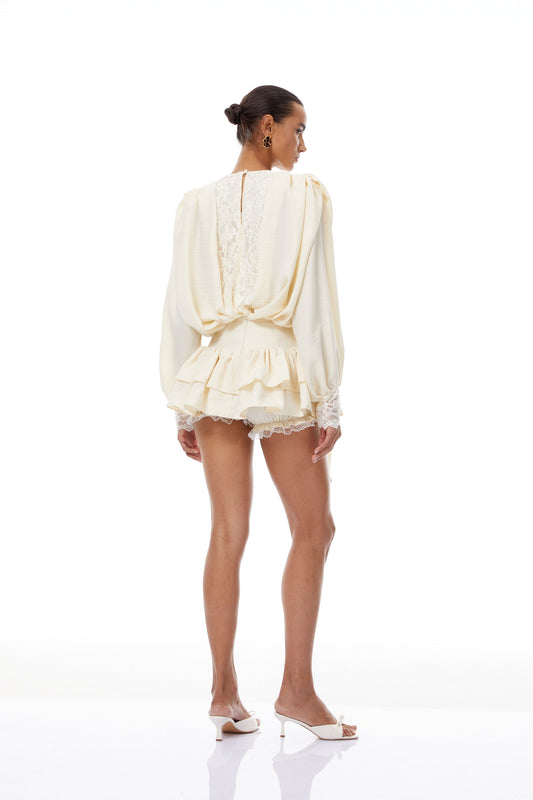 Victoire Neutral Lace Panel Blouse & Skirt Set