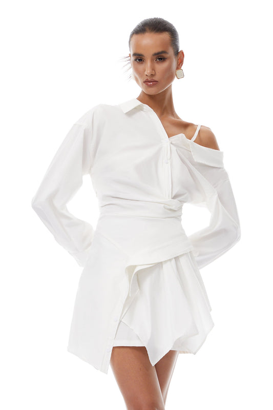 Tímea White Asymmetrical Mini Shirt Dress