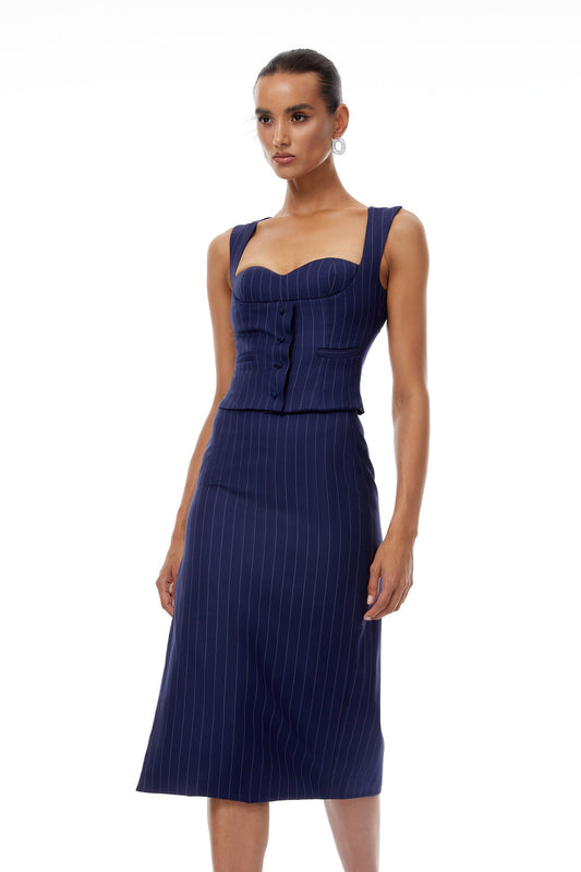 Aurianne Navy Blue Pinstriped Top & Skirt Set