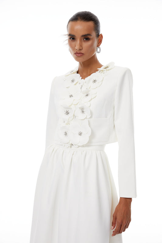 Élodie White Floral Appliqué Jacket & Skirt Set