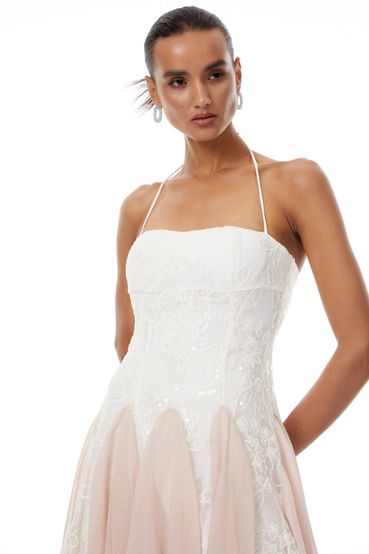 Réka White Sequined Floral Lace Mini Dress