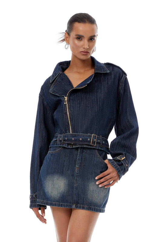 Solène Blue Denim Biker Jacket & Skirt Set